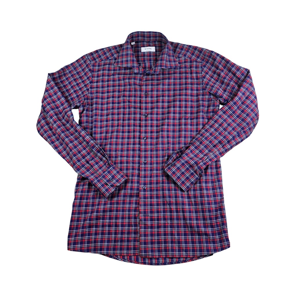 Eton Dress Shirt Mens 16 / 41 Blue Red Plaid Contemporary Fit Signature Twill